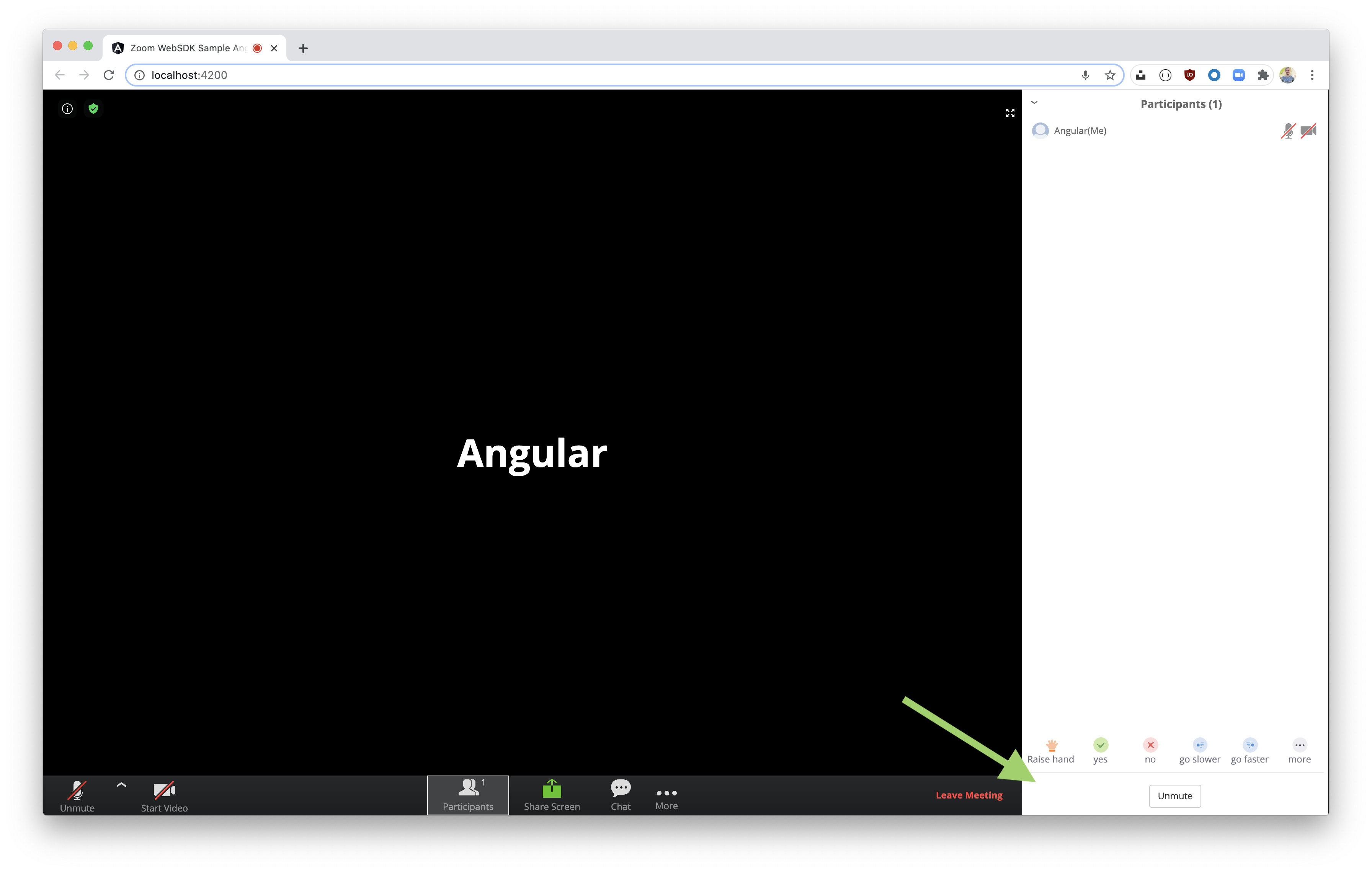 Zoom Meeting SDK interface with an arrow pointing to the Invite button now hidden